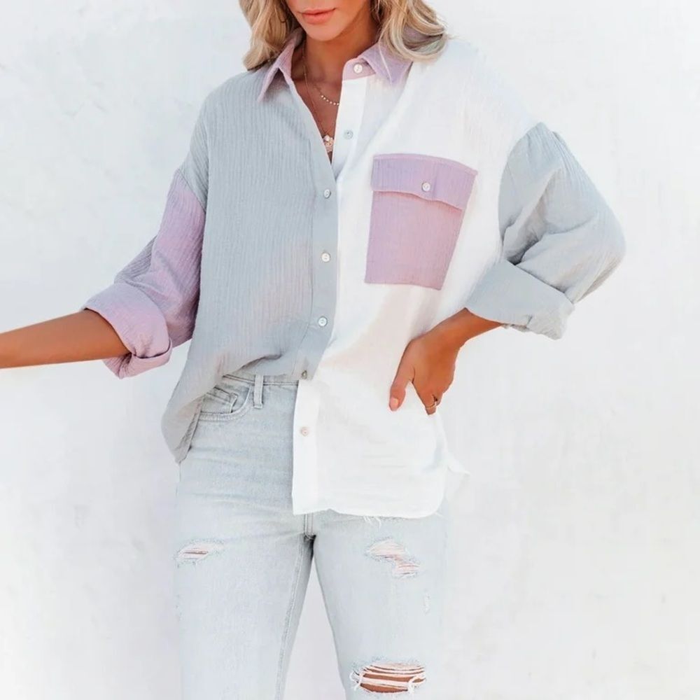 Entro Oversized Gauze Color Block Button Up Shirt… - image 1